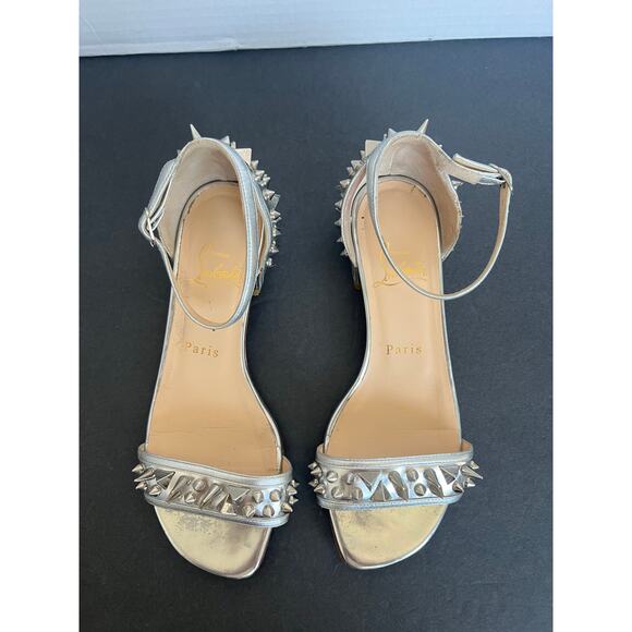 Christian Louboutin Silver Leather Druide Studded Ankle Strap Sandals Sz 5 - Picture 5 of 15